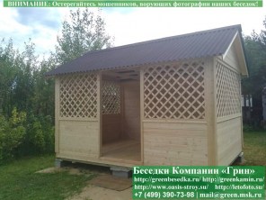 Беседка 'Домик 3х4'. Дорогой вариант. Стенки из имитации бруса. Усиленная конструкция крепления стенок. По углам брус 90х90 мм.