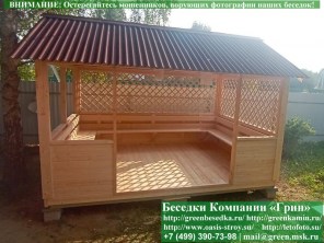 Беседка 'Домик 3х4'. Дорогой вариант. Стенки из имитации бруса. Усиленная конструкция крепления стенок. По углам брус 90х90 мм.