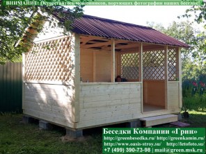 Беседка 'Домик 3х4'. Дорогой вариант. Стенки из имитации бруса. Усиленная конструкция крепления стенок. По углам брус 90х90 мм.