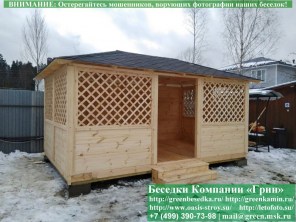 Беседка 'Домик 3х5'. Дорогой вариант. Стенки из имитации бруса. Усиленная конструкция крепления стенок. По углам брус 90х90 мм.