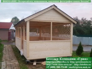 Беседка 'Домик 3х6'. Дорогой вариант. Стенки из имитации бруса. Усиленная конструкция крепления стенок. По углам брус 90х90 мм.