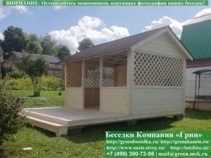 Беседка 'Домик 3х4'. Дорогой вариант. Стенки из имитации бруса. Усиленная конструкция крепления стенок. По углам брус 90х90 мм.